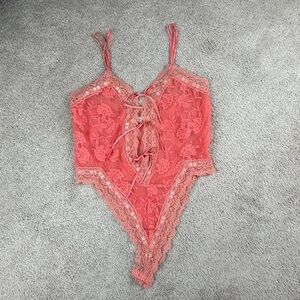 Victoria's Secret Coral Pink Floral Lace Up Bodysuit Medium ID 042113